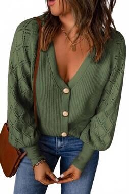 NEW 1 THE WOMAN bishop sleeve button v neck cardigan sweater in green